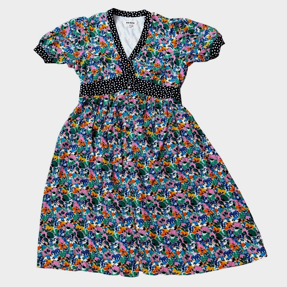 Boden Button Front Floral Polka Dot Midi Dress Womens 12P Colorful Empire Waist